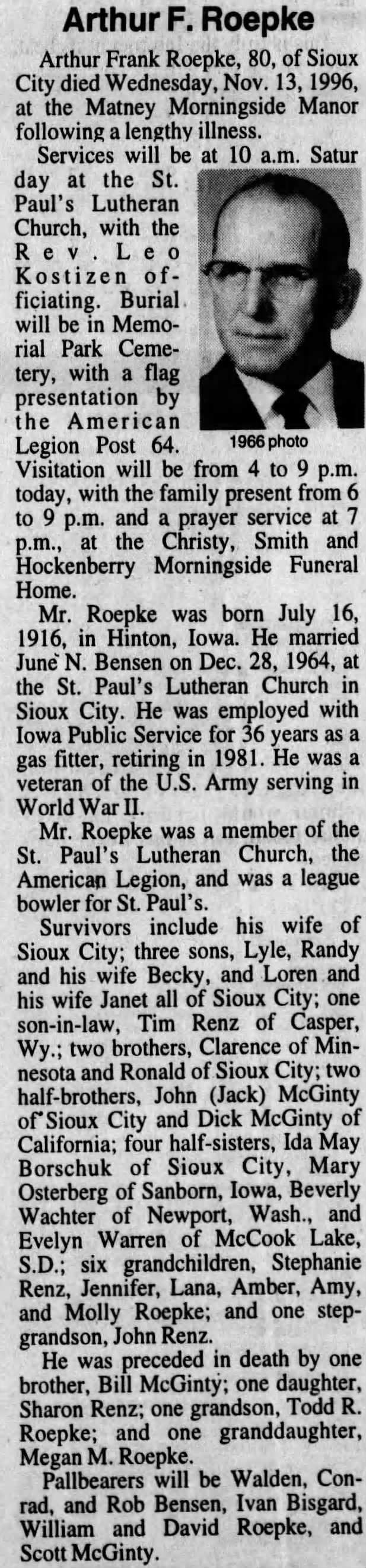 Obituary for Arthur Frank Roepke, 1916-1996 (Aged 80)