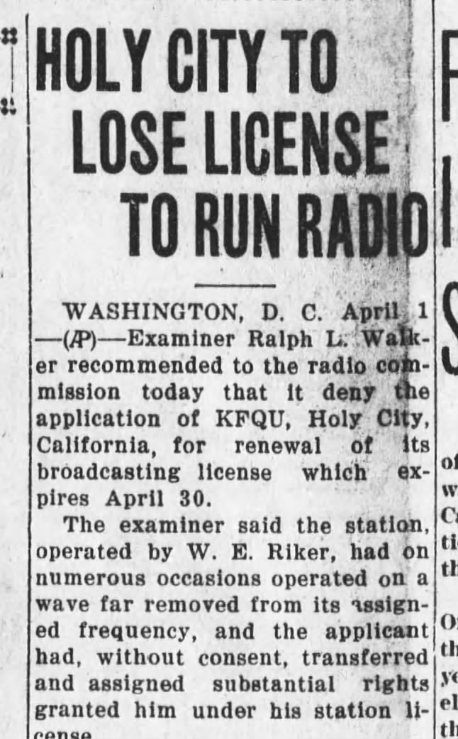 HOLY CITY-FATHER RIKER LOSES KFQU BROADCASTING RITES
