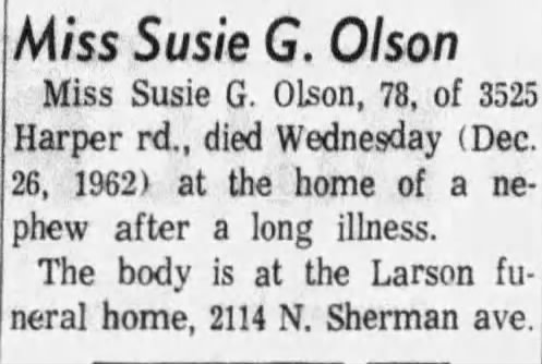 Obituary for Susie G. Olson (Aged 78)