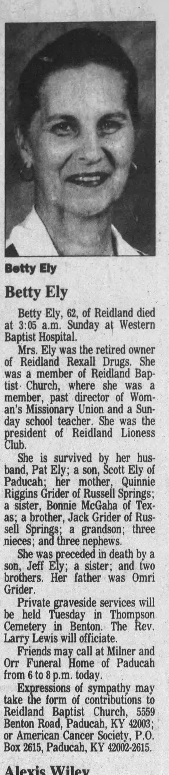 Obituary for Betty Ely (Aged 62)