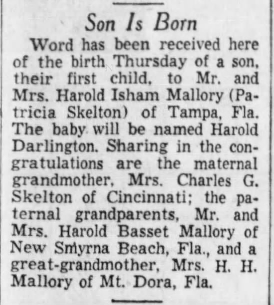 Patricia Skelton Mallory, Birth of Son Announcement