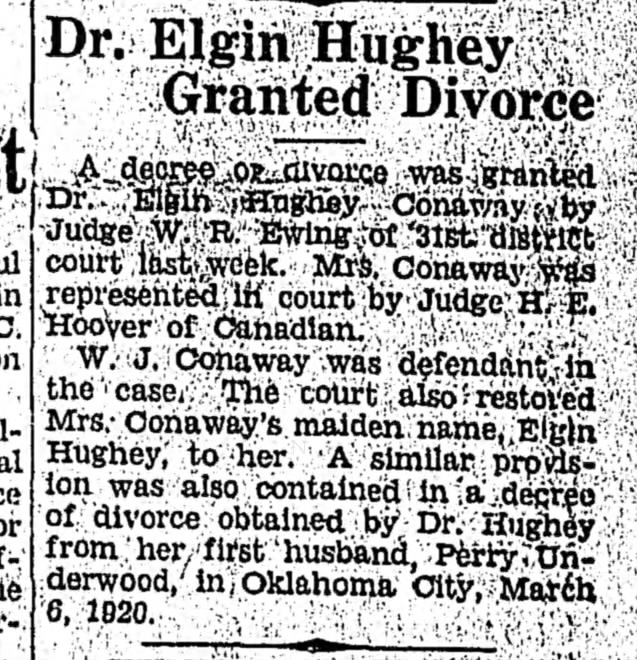 Elgin Hughey divorce from W. J. Conaway.