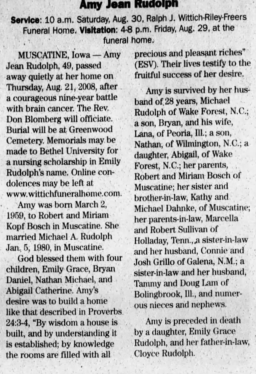 Obituary for Amy Jean Rudolph, 1959-2008 (Aged 49)