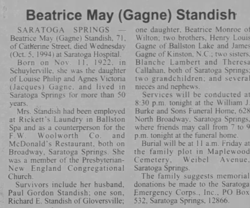 Obituary for Beatrice May Standish (Aged 71)