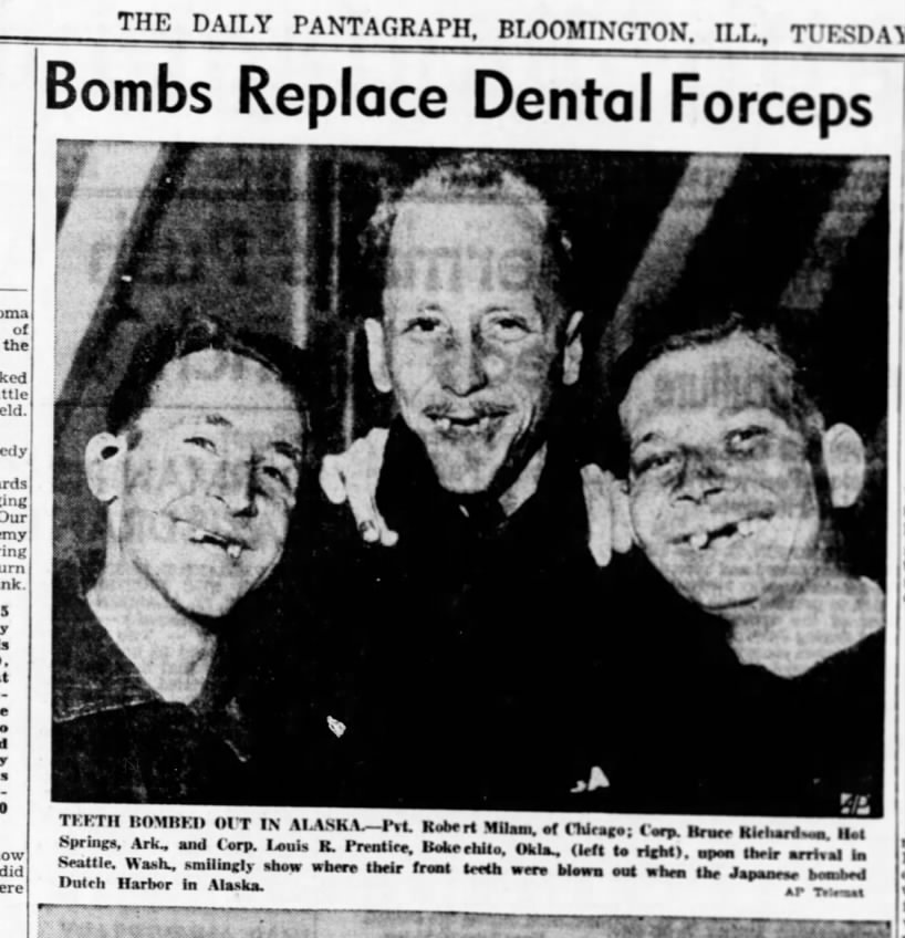 Japanese bomb causes teeth to be blown out.   WW2, July 1942