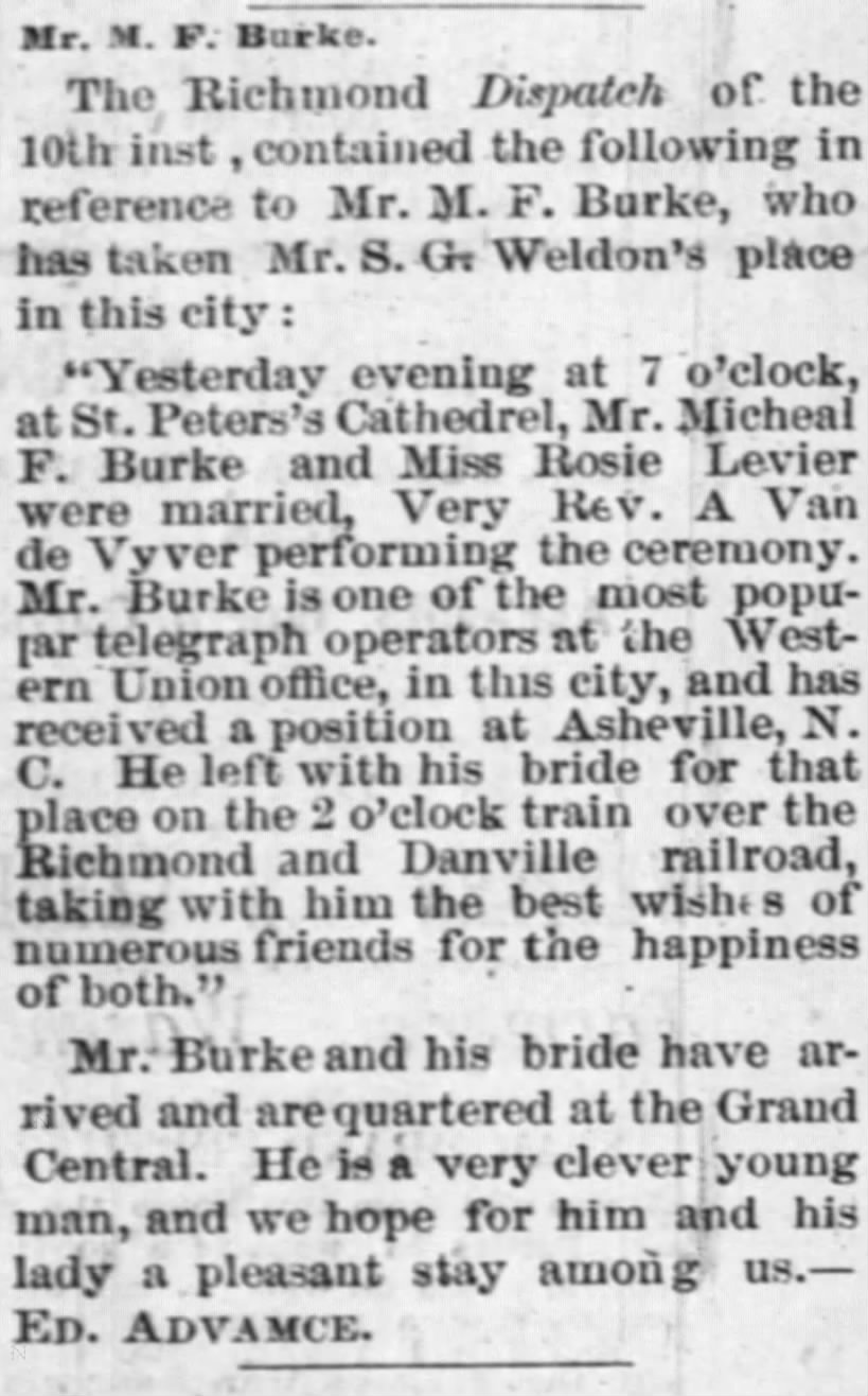 Marriage of Michael F Burke and Rosie Levier