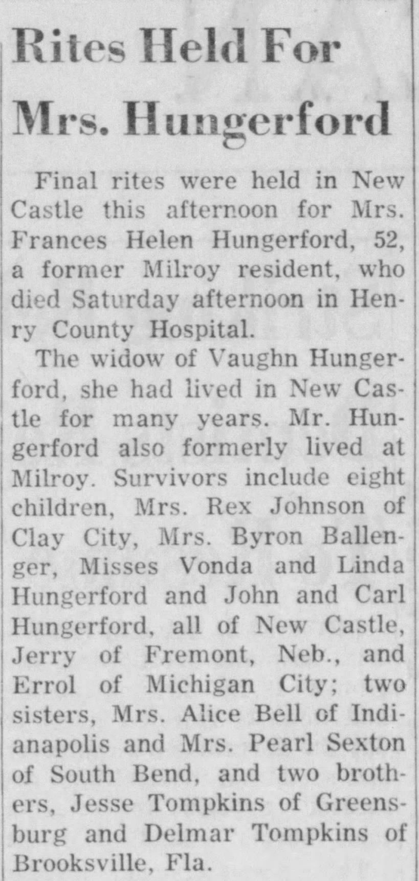 Obituary - Frances Helen Hungerford. Rushville Republican (Rushville, IN) 7 Apr 1964, Page 2