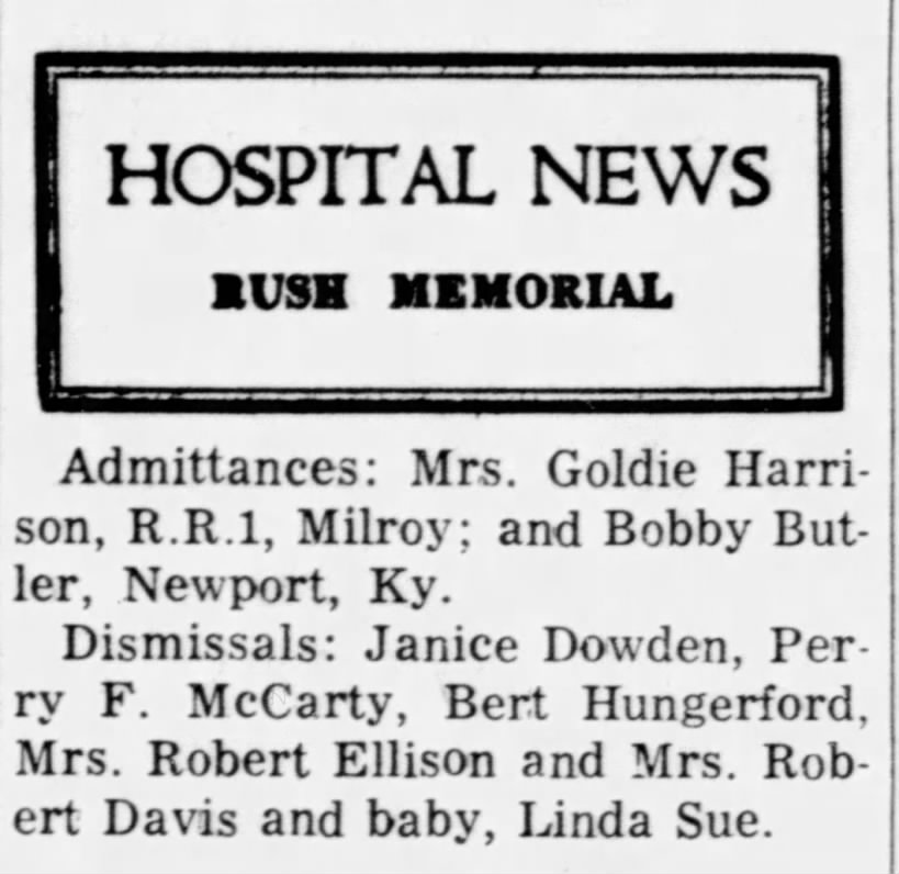 Hospital News - Bert Hungerford.  Rushville Republican (Rushville, IN) 16 Jul 1959, Page 6