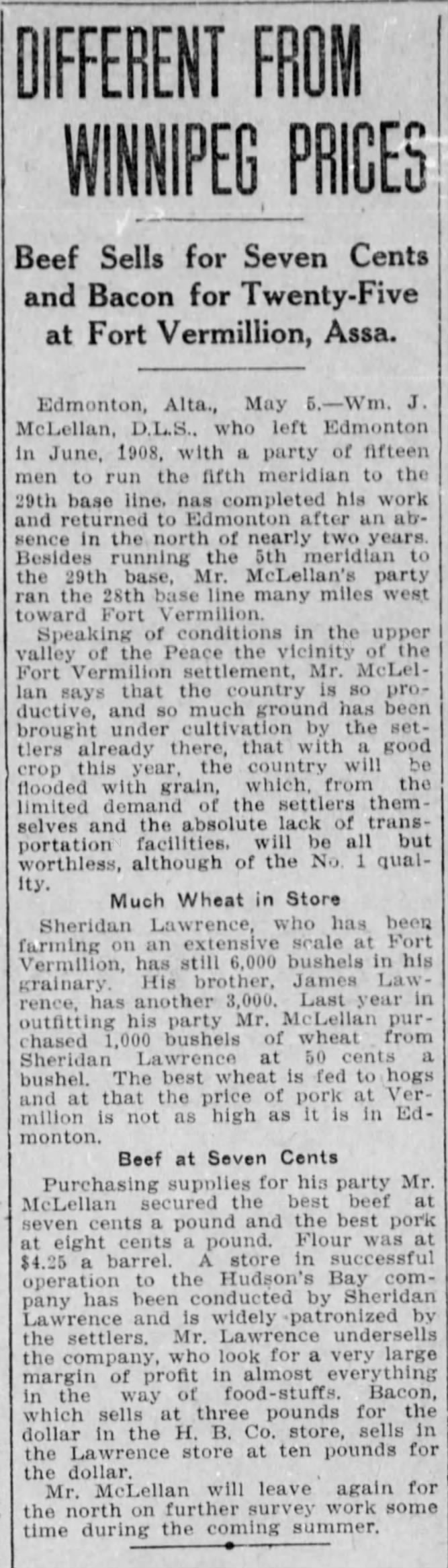 Winnipeg Tribune 1910.05.05 Sheridan Lawrence wheat
