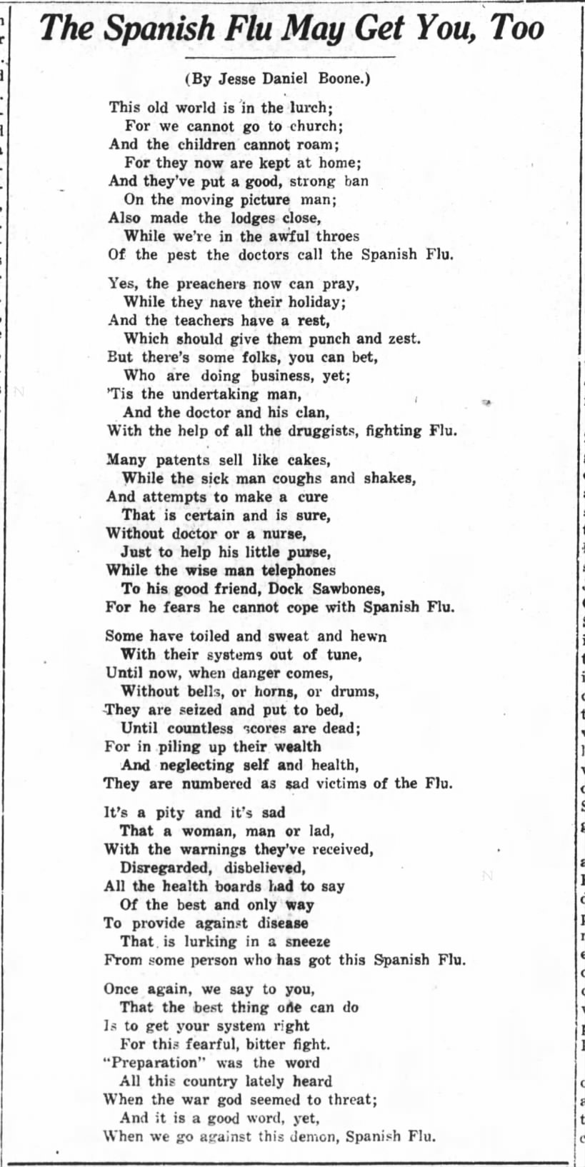 Spanish Flu Poem by Jesse Daniel Boone
