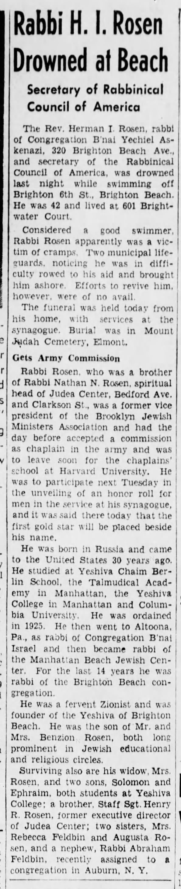 Rabbi Abraham Feldbin mentioned in obit for Rabbi H.I. Rosen 1943