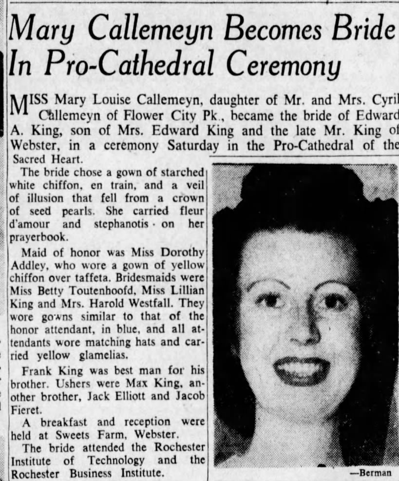 Edward King - Mary Callemeyn marriage 31 Jul 1950