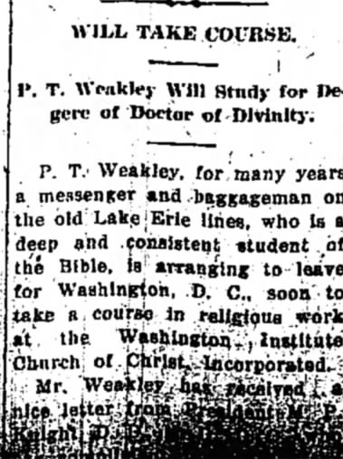 P.T. Weakley to study for Doctor of Divinity 5 Aug 1933