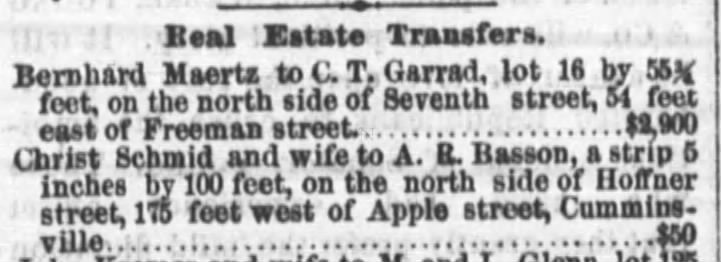 Real estate transfer to AR Basson, Hoffner Street, Cumminsville 18 Dec 1871 Enquirer