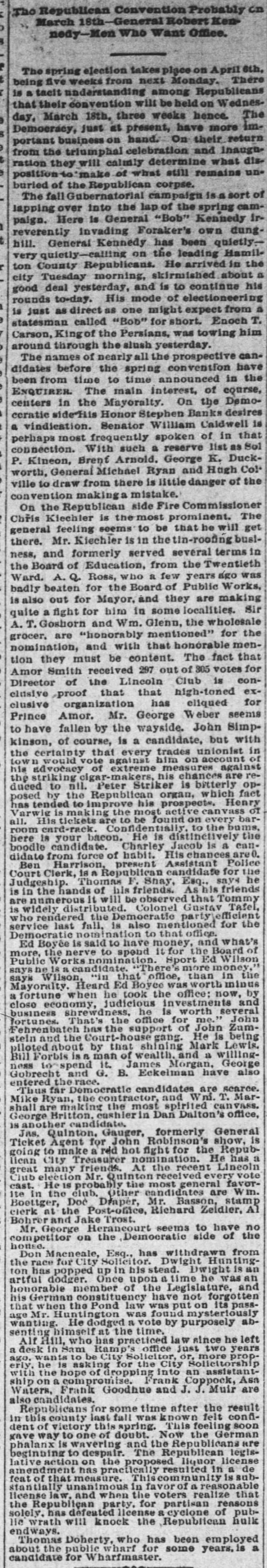 AR listed as Republicans who want office, 26 Feb 1885 Enquirer