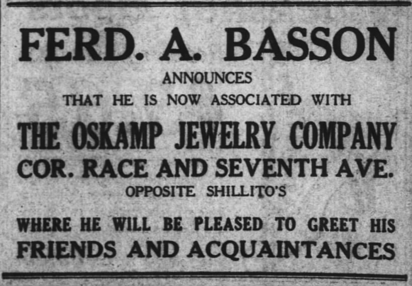 Ferd A Basson joins Oskamp Jewelry Race &  Seventh ave 5 Nov 1911 Enquirer