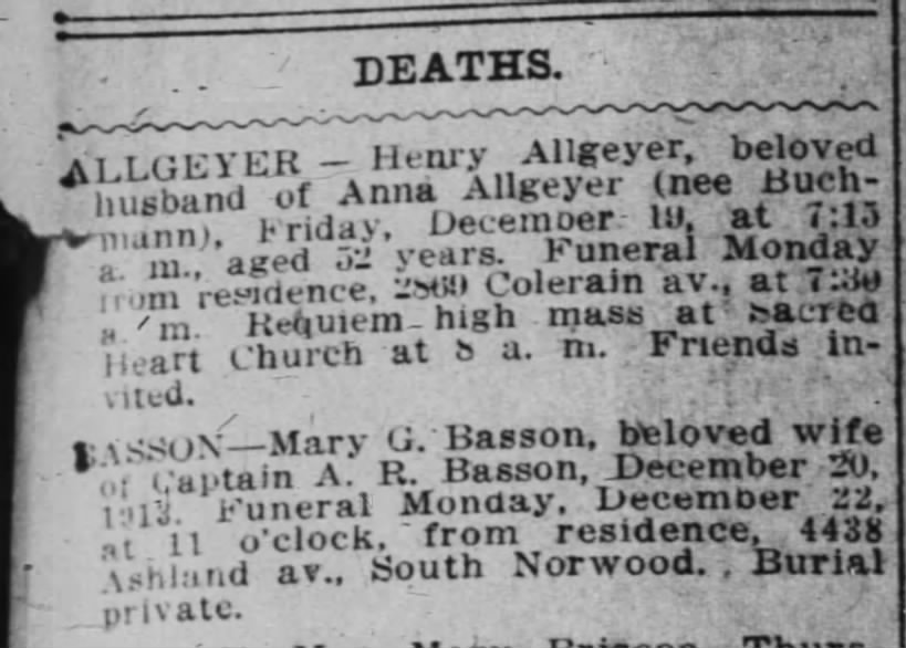 Basson, Mary G. death notice, Cinti Enquirer 21 Dec 1913