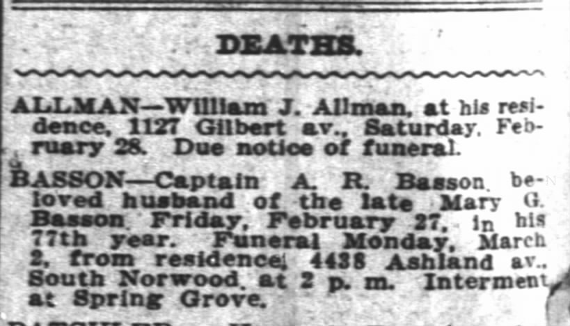 Death Notice, AR Basson, Enquirer 1 Mar 1914