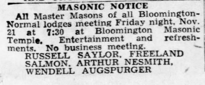 Master Masons of Bloomington-Normal lodges mtg, Freeland, 20 Nov 1952
