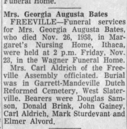 Obituary - Georgia Augusta Bates - The Ithaca Journal 29 Nov 1958 Sat