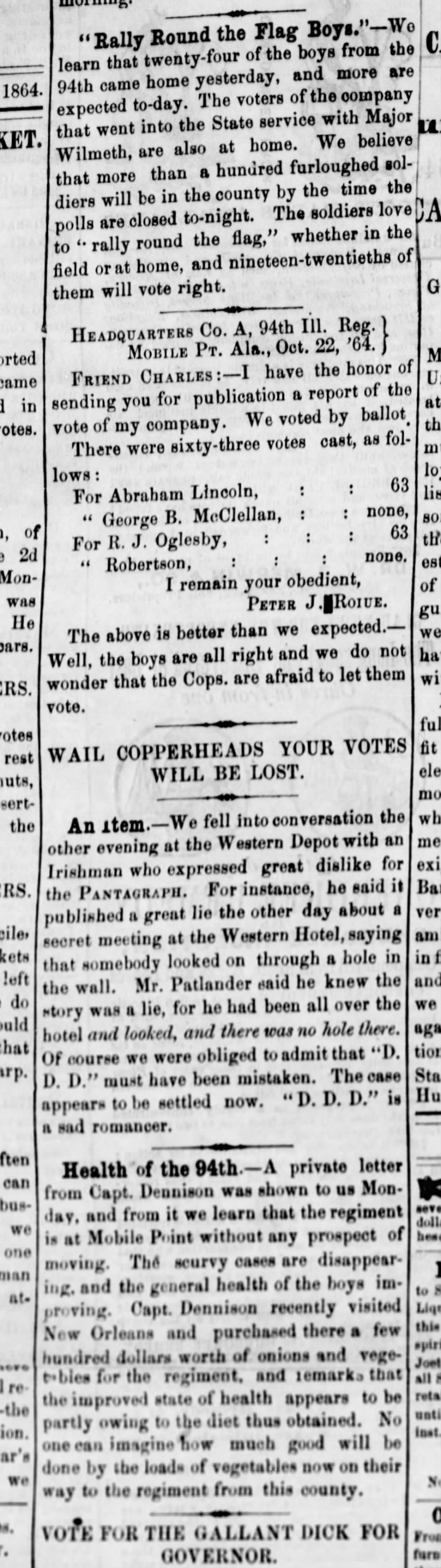Pantagraph 8 Nov 1864  94th voting and health