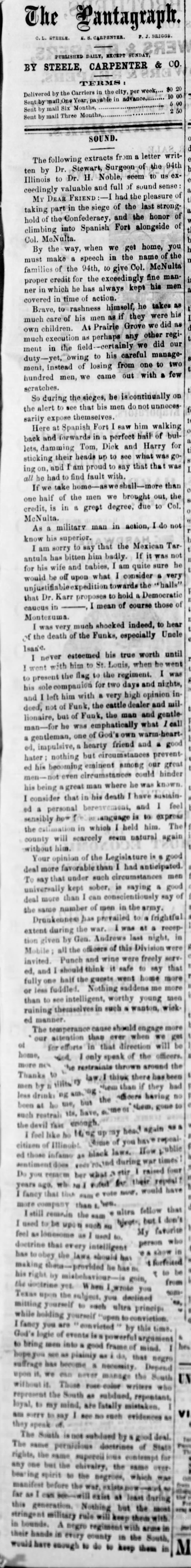Pantagraph 24 June 1865 Letter from Dr. Stewart of 94th