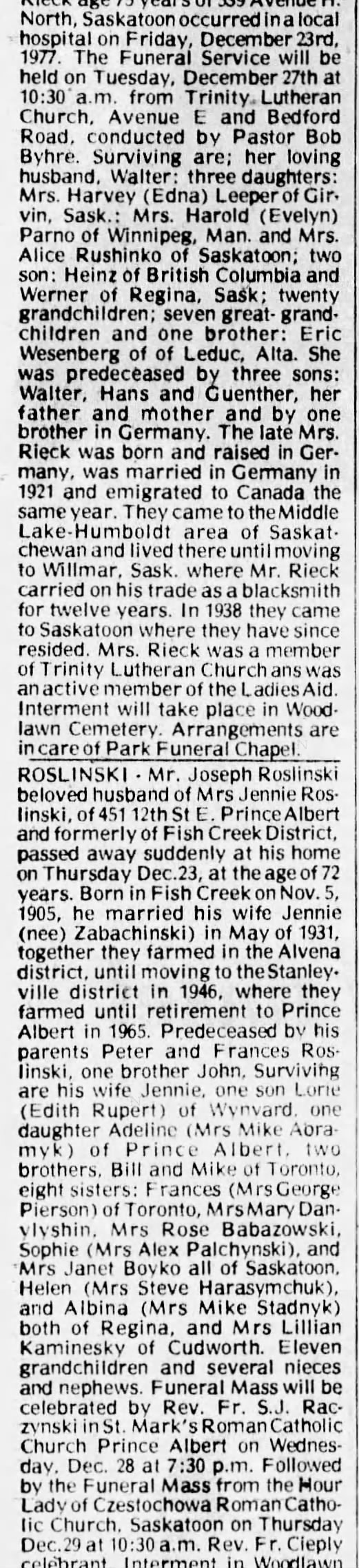 Obituary for Saskatoon Rieck, 1905-1977 (Aged 72)