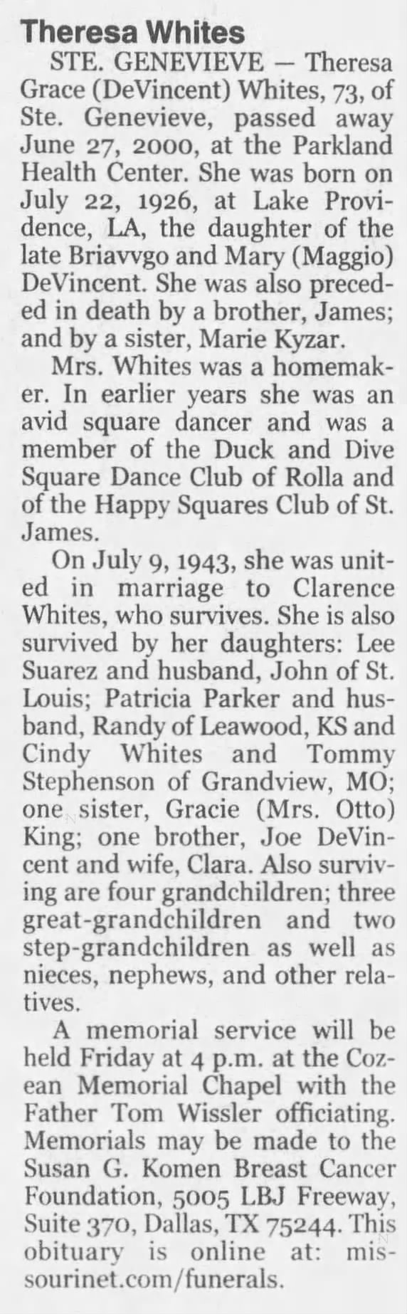 Obituary for Theresa Grace Whites, 1926-2000 (Aged 73)