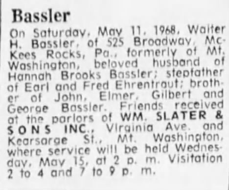 Walter H. Bassler death notice, 1968 x