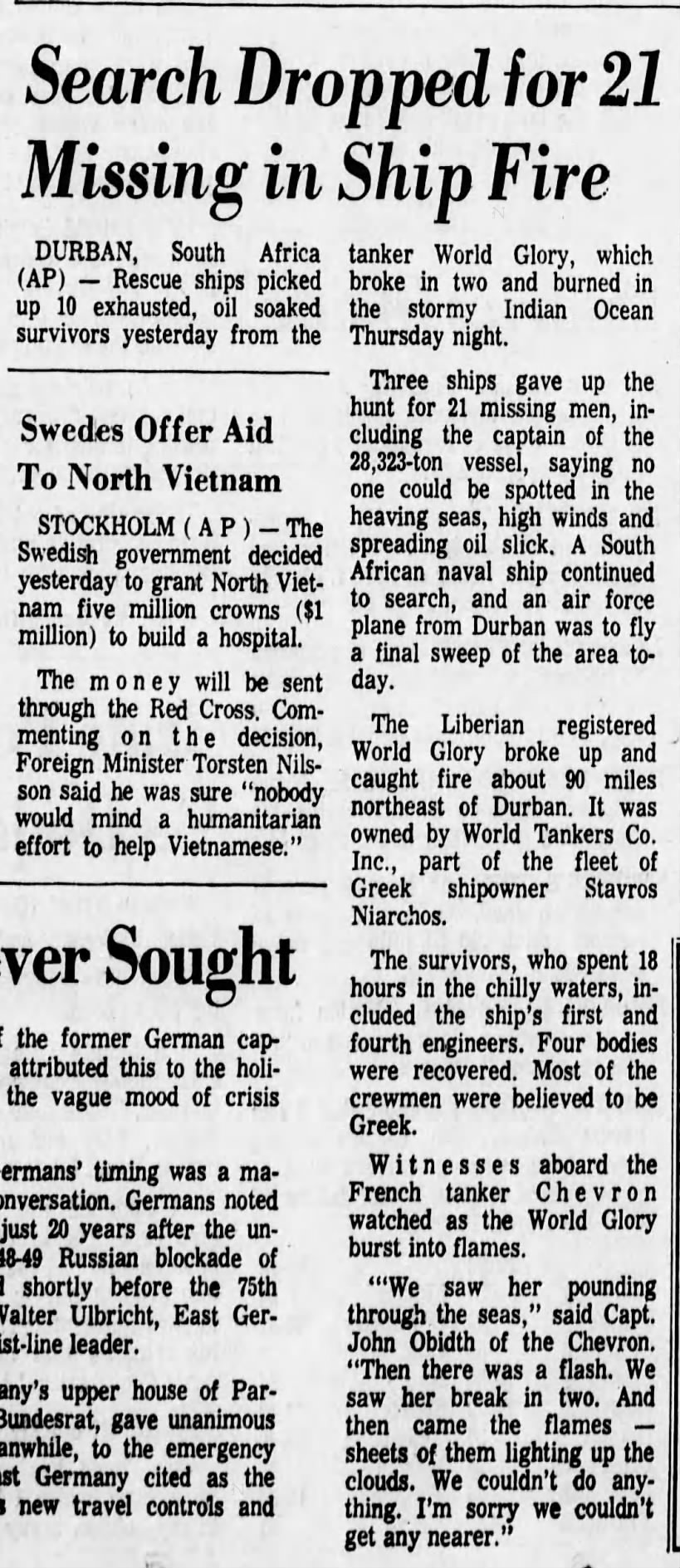 Search Dropped for 21 Missing in Ship Fire (World Glory, 1968)