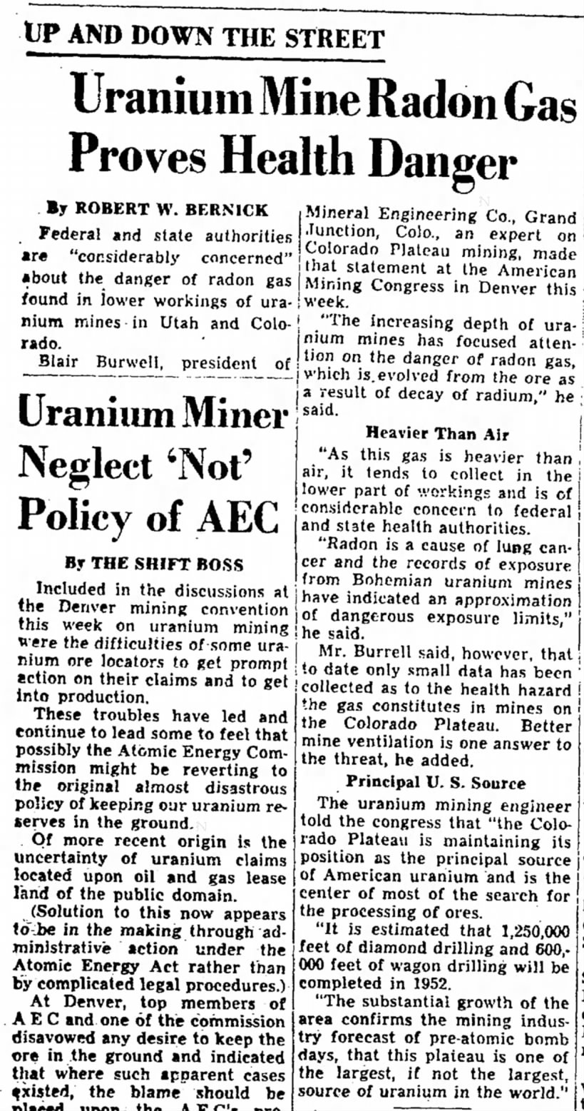 Uranium mine radon gas proves health danger (1952)