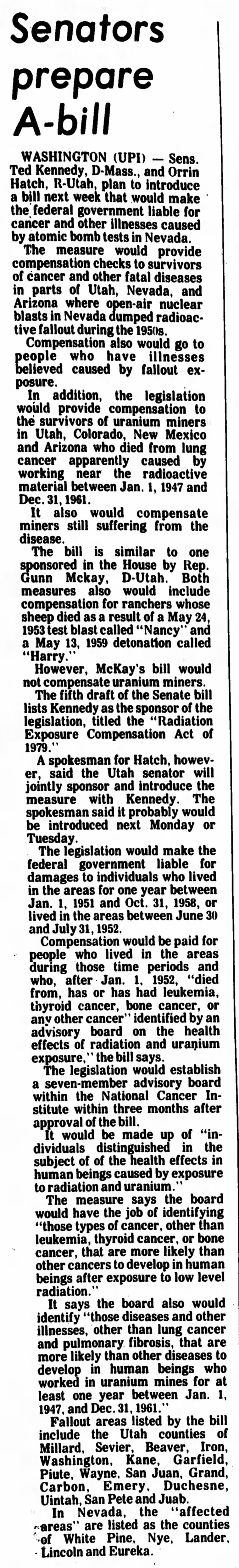 Senators prepare fifth draft of Radiation Exposure Compensation Act (1979)