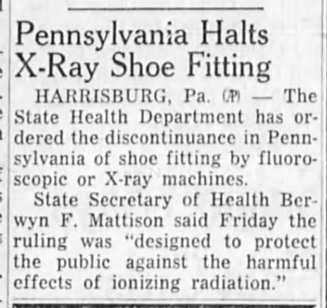 Pennsylvania halts x-ray shoe fitting (1957)