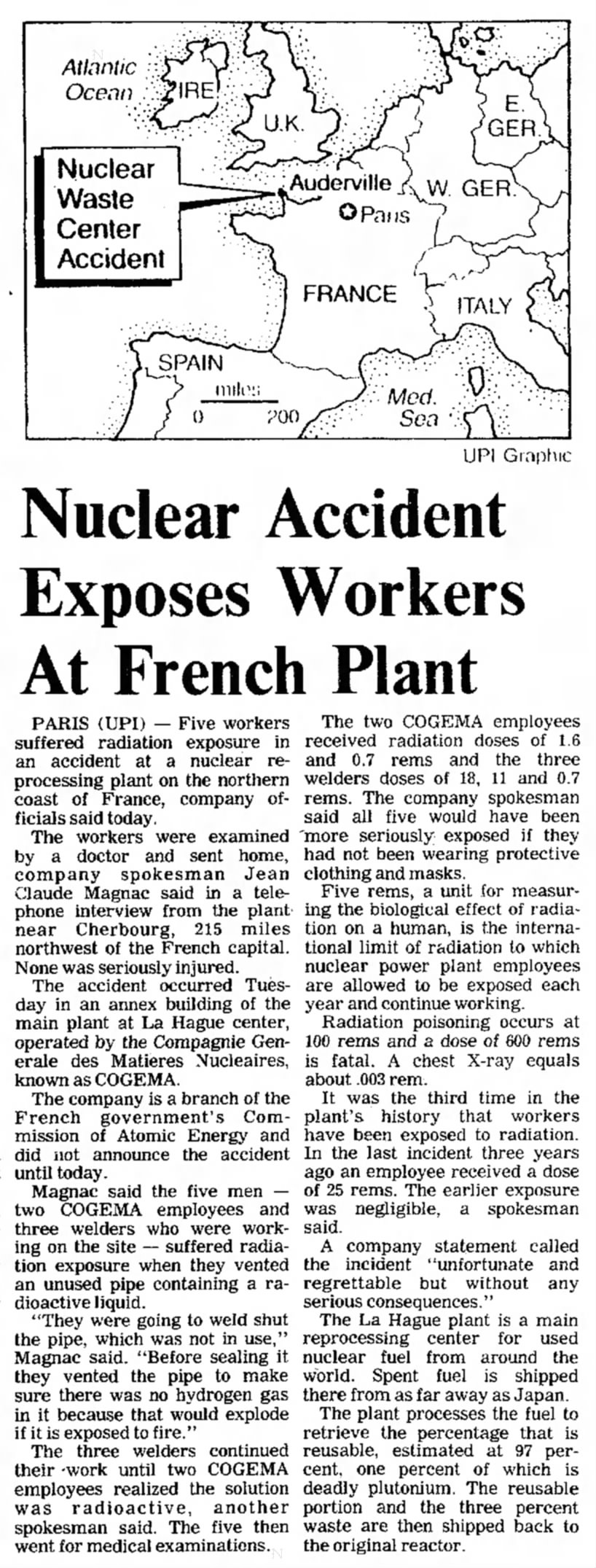 Nuclear accident exposes workers at French fuel reprocessing plant, La Hague (1986)