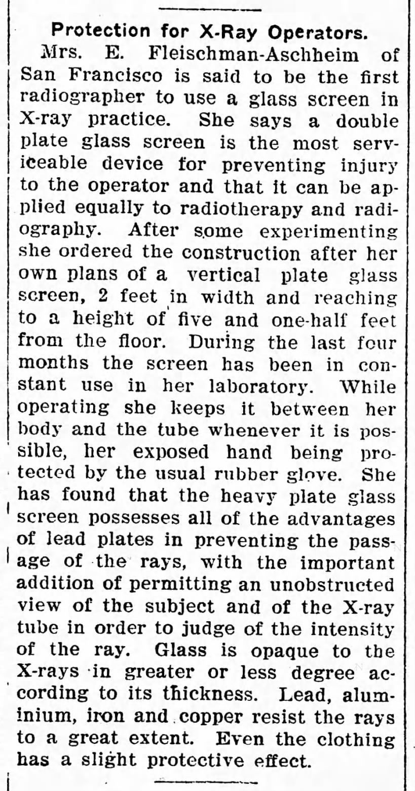 Protection for x-ray operators, Elizabeth Fleischman-Aschheim (1904)