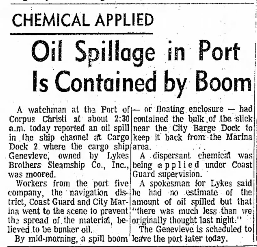 Chemical applied - Oil spillage in port is contained by boom, dispersant use, Texas (1968)