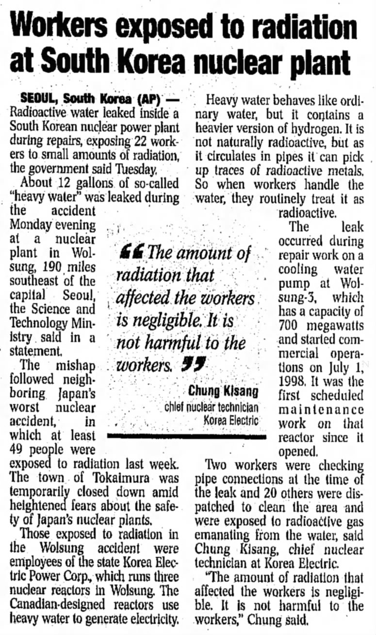 Workers exposed to radiation during Wolsung nuclear power plant accident, South Korea, 1999