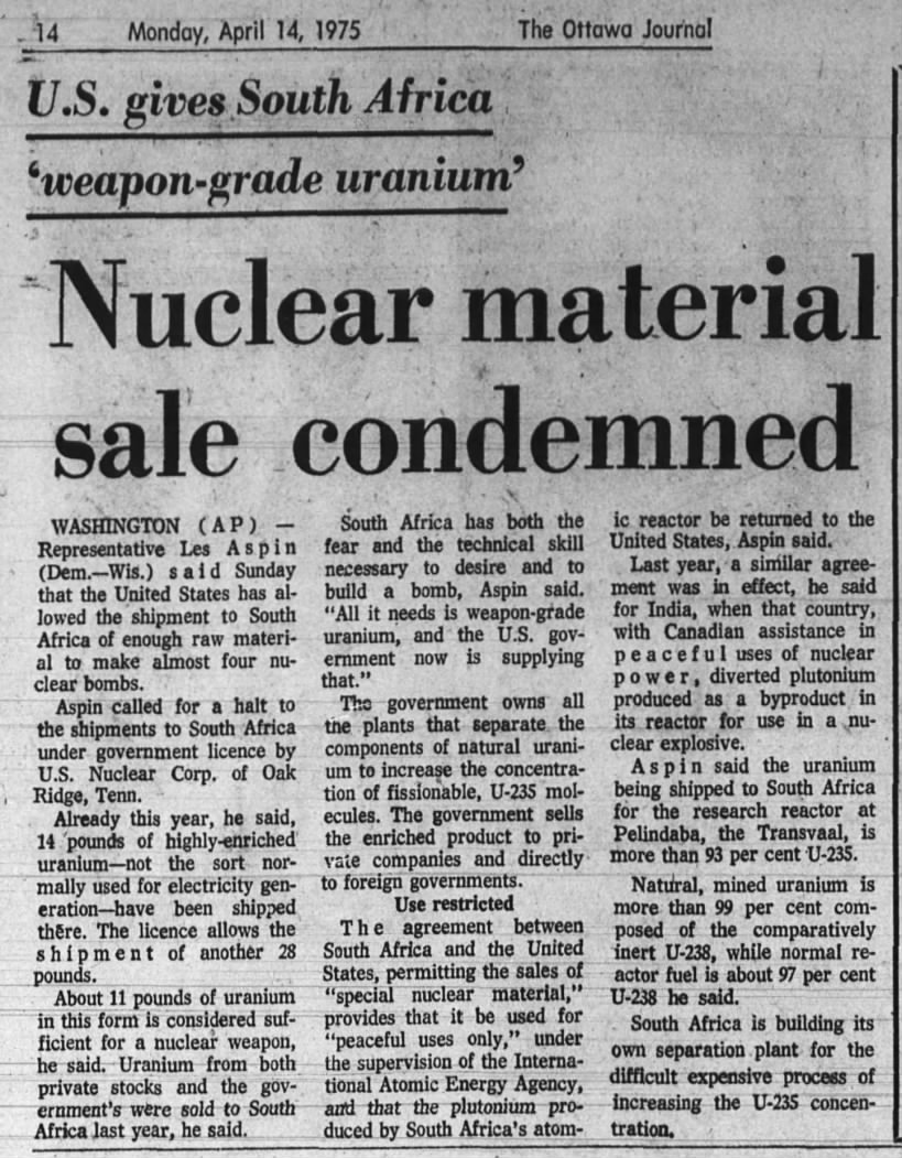 USA gives South Africa 'weapons-grade uranium' (1975)