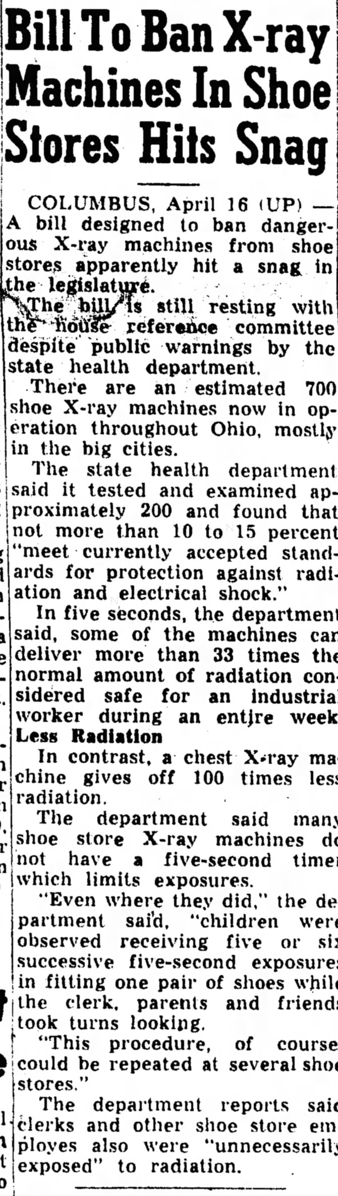 Bill to ban x-ray machines in shoe stores hits snag, Ohio (1957)