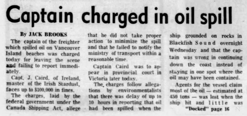 Captain charged in oil spill from Irish Stardust ship (Canada 1973)