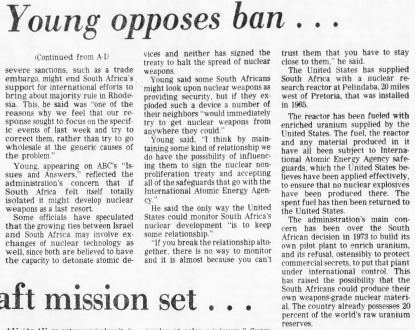 Young opposes ban . . . (nuclear South Africa) (1977)