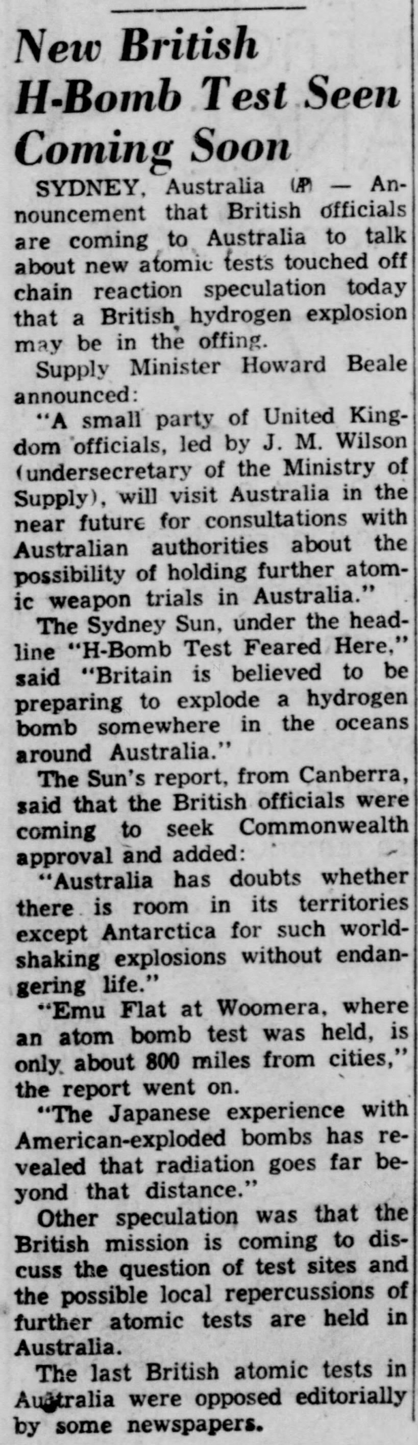 British to visit Australia and discuss nuclear weapons testing in Australia, 1954