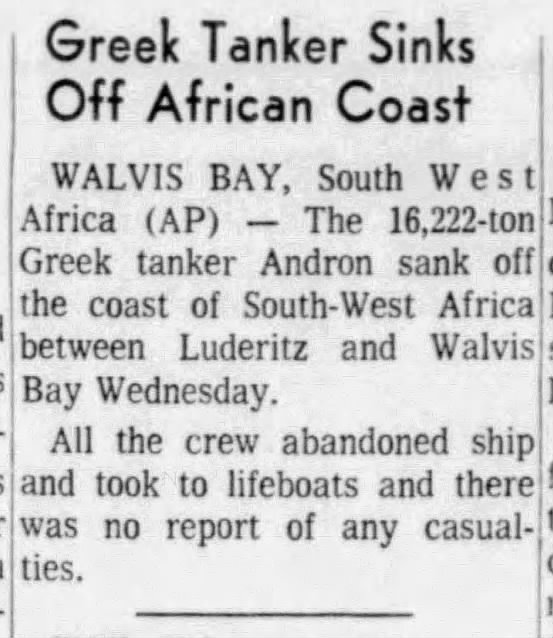 Greek tanker Andron sinks of African coast (Walvis Bay, 1968)