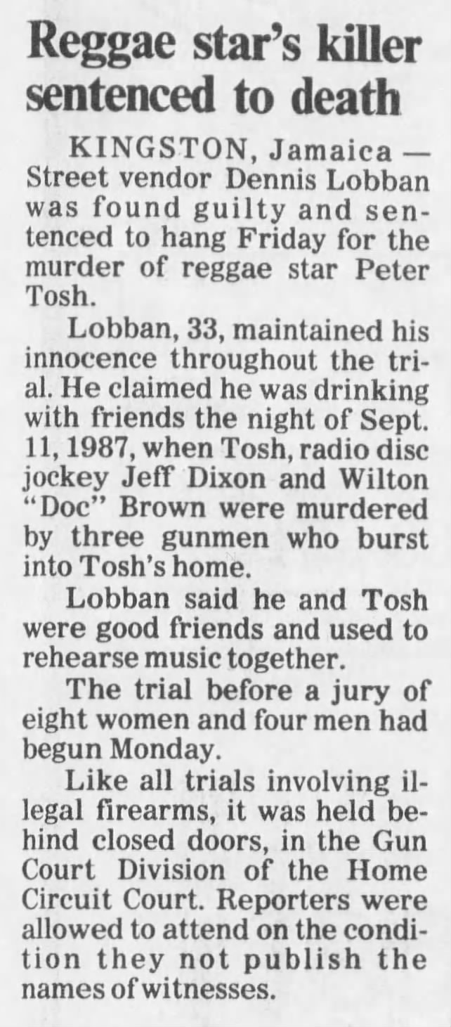 Reggae star Peter Tosh's killer sentenced to death (1988)