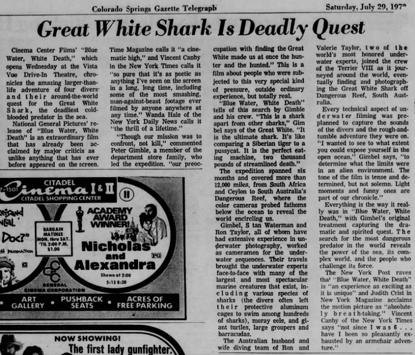 Great white shark is deadly quest, "Blue water, white death" reviews (1972)