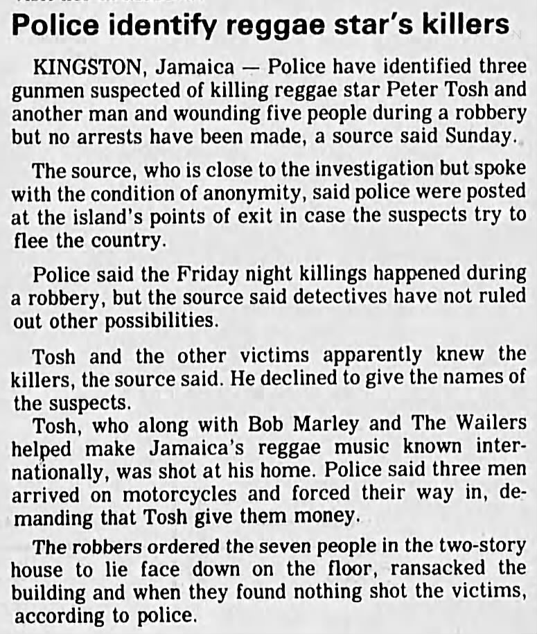 Police identify reggae star Peter Tosh's killers (1987)