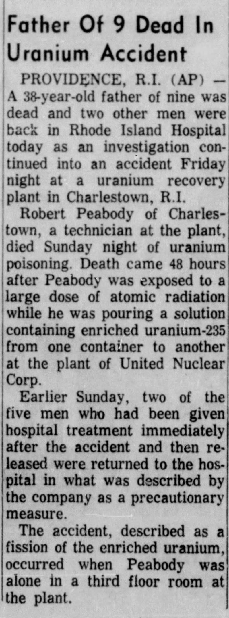 Man died of 'uranium poisoning' in Providence, Rhode Island 1964