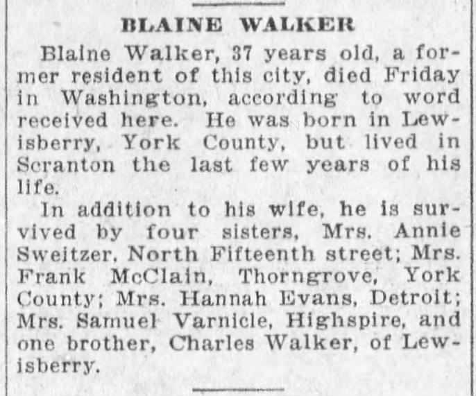 Blaine Walker 2/23/1922 death in Washington DC, reported in Harrisburg