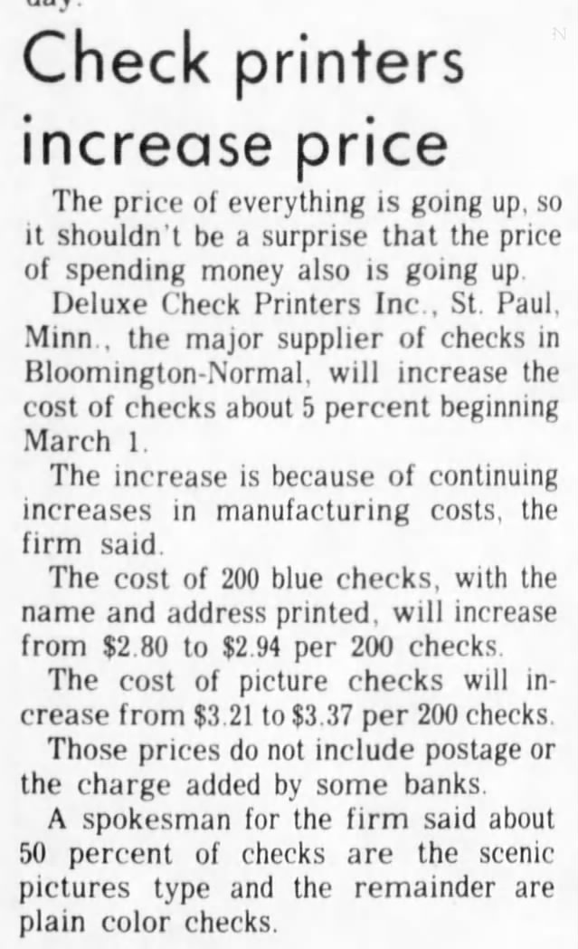 1979 Deluxe Check Printers increase price