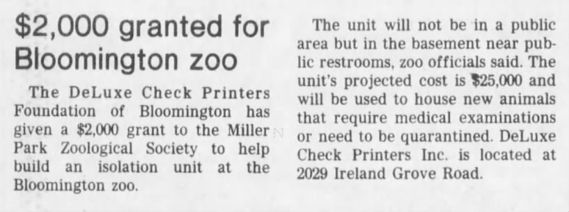 1986  Deluxe Check Printers gives grant for Bloomington zoo